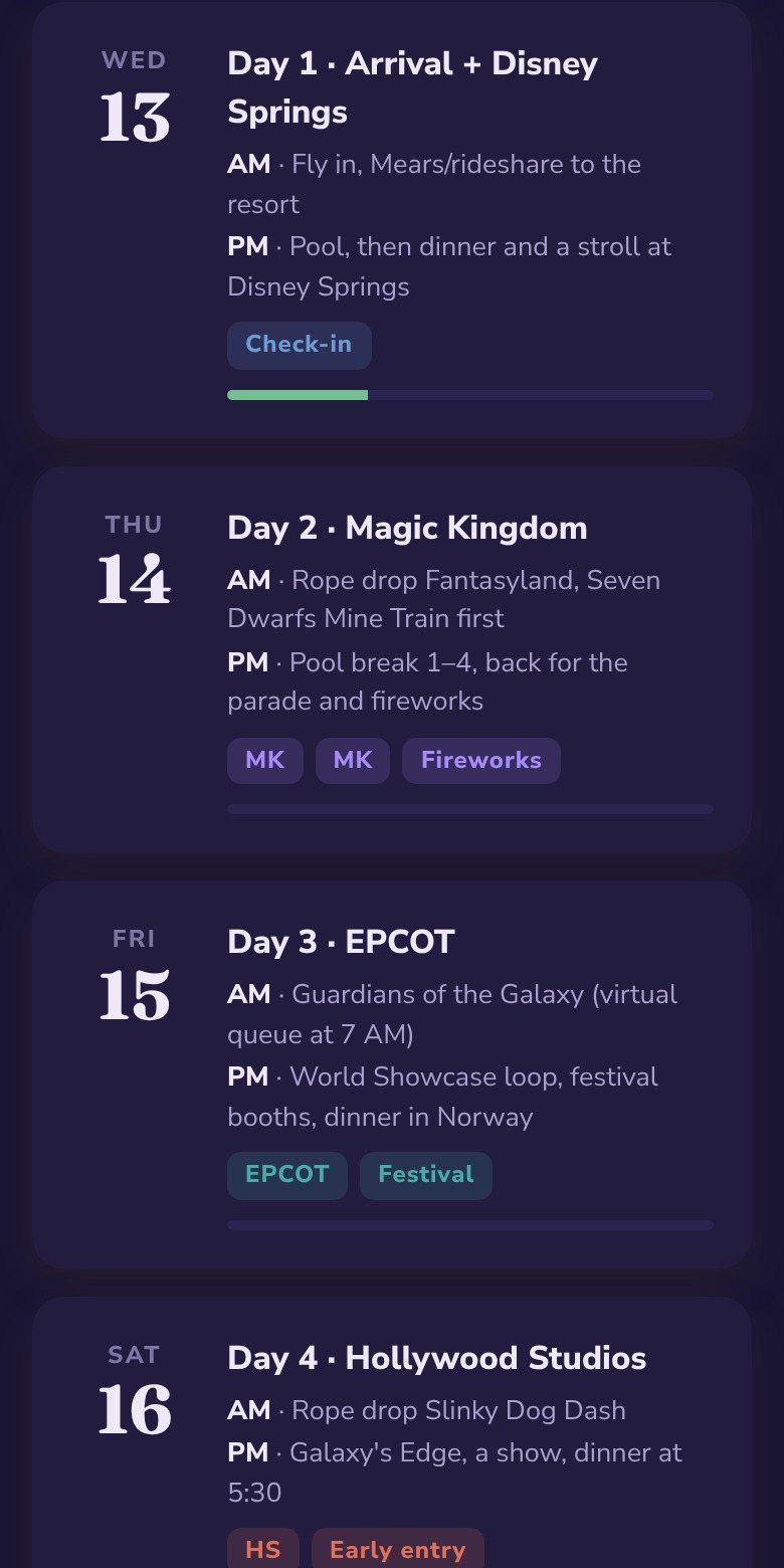 The Disney Trip Planner calendar: one card per day with the morning and afternoon plan and the park