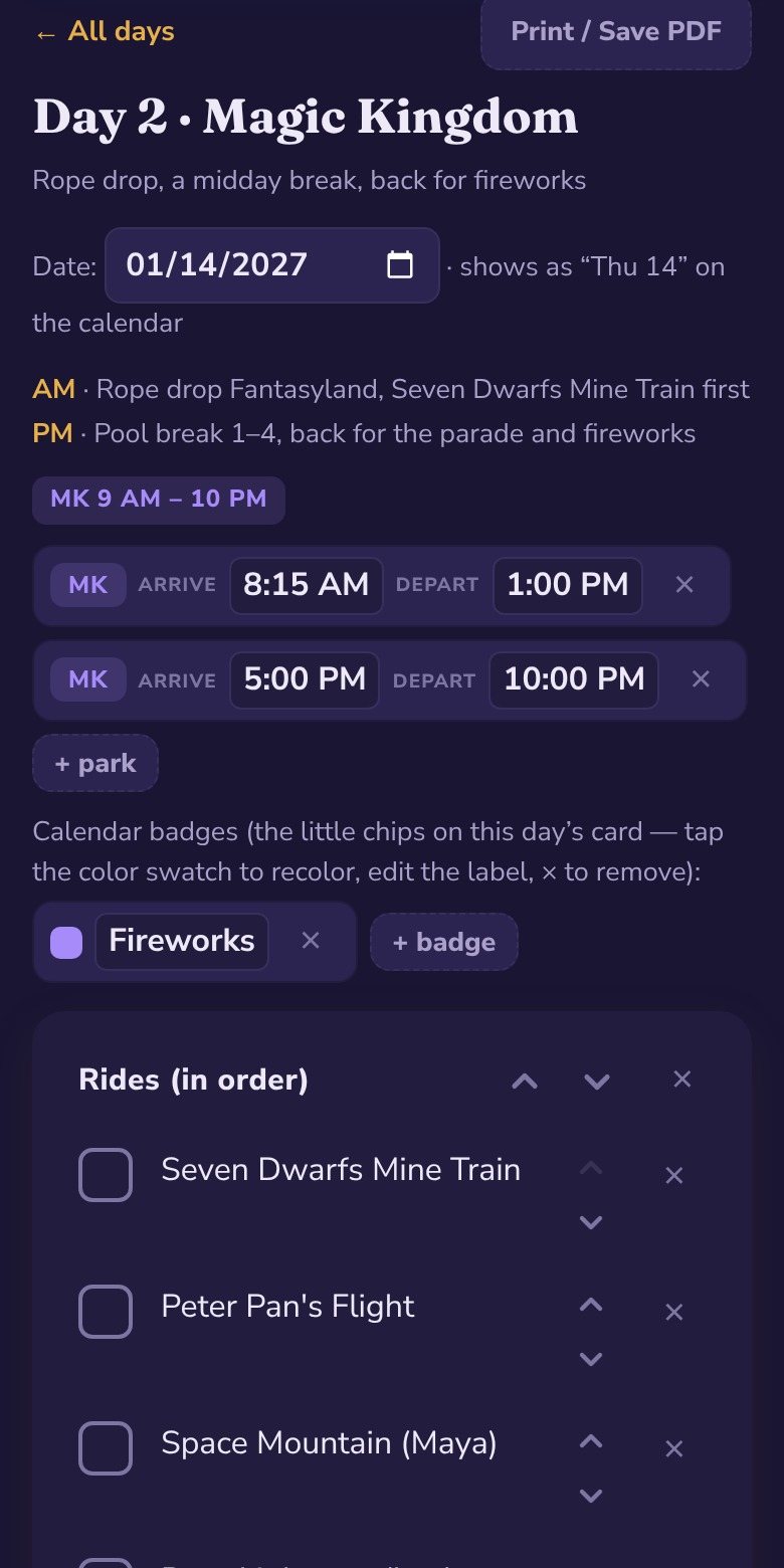 A Disney Trip Planner day page: the park with arrive and depart times and a checklist of rides in order