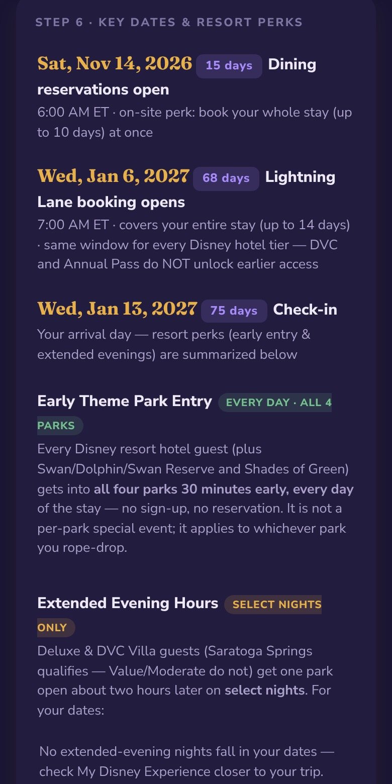 Disney Trip Planner key dates: the day dining reservations open, the day Lightning Lane booking opens, and check-in, with days to go
