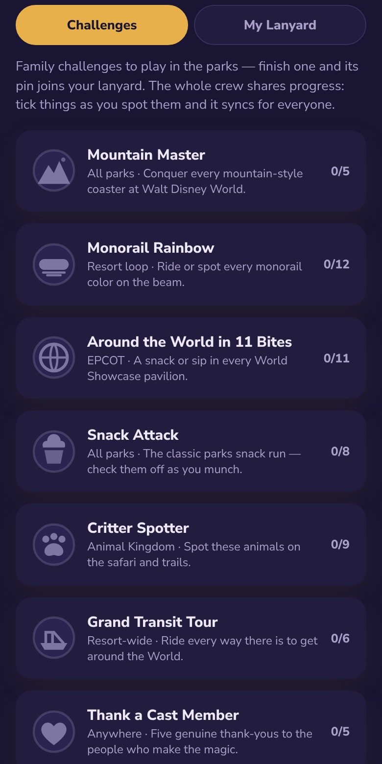 Disney Trip Planner challenges: family challenges like Mountain Master and Around the World in 11 Bites, with progress