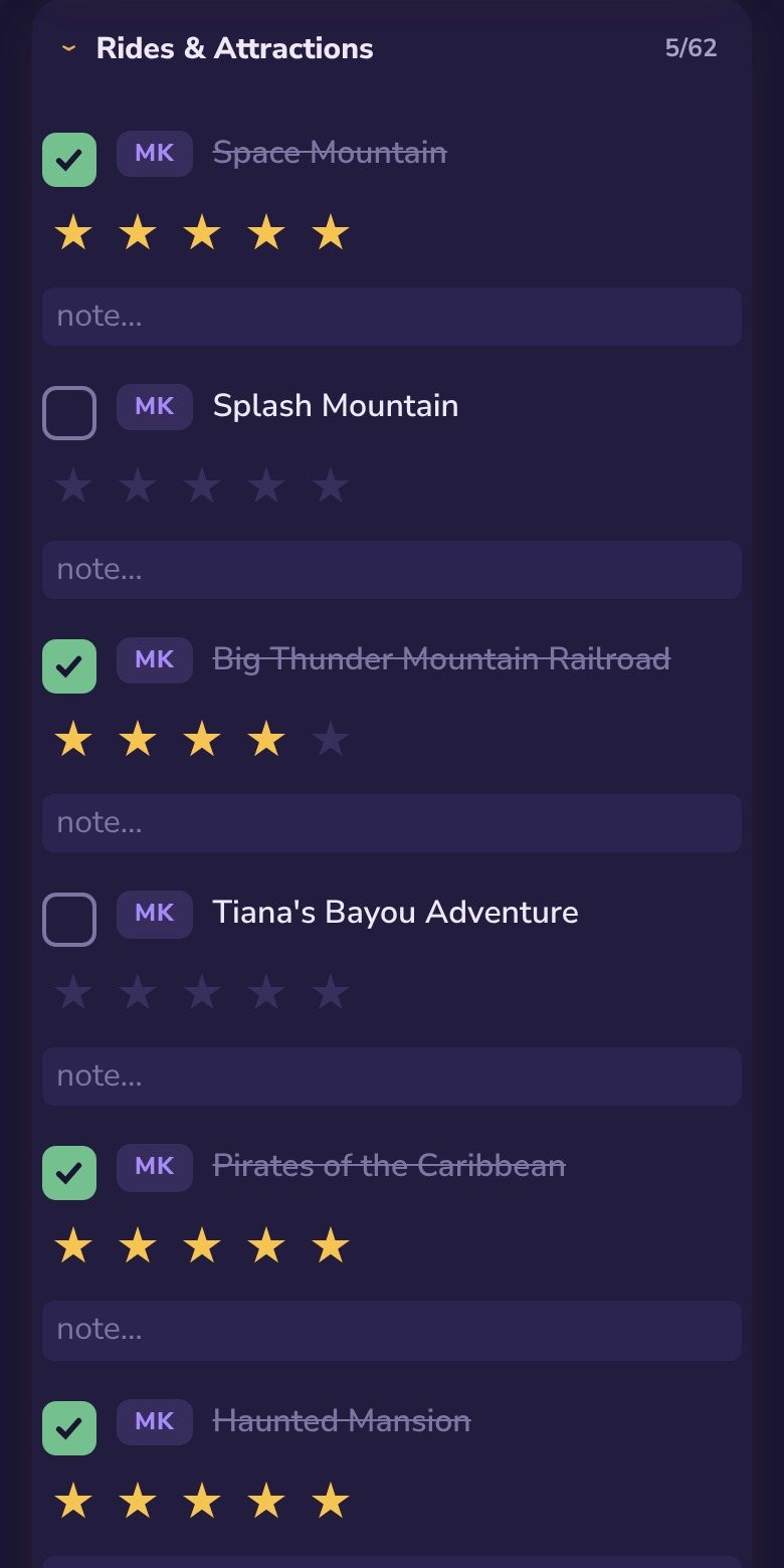 The Disney Trip Planner Been There tracker: rides by park to check off and rate with stars